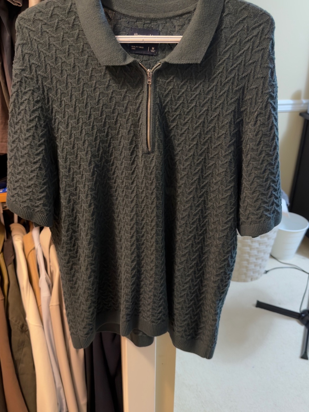 Abercrombie & Fitch Men's Dark Green Textured Half-Zip Sweater Polo